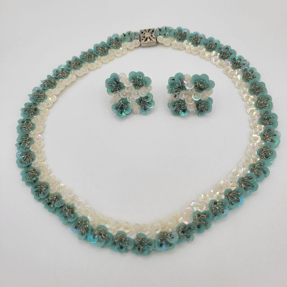 Vintage 1950s Aqua Sequin Necklace & Earrings Set